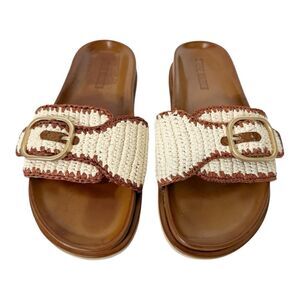Steve Madden Womens Memphis Raffia Cream Brown Buckle Casual Slide Sandal Size 8